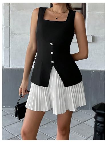 MakeMeChic Women's Color Block Tank Dress Square Neck Pleated Split Business Mini Dresses4