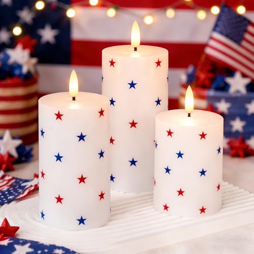 Image of JOIONE Patriotic Flameless Pillar Candles with Remote, 3 Pack Home Decor | Battery Operated, Star Sticker, Real Wax, Remote Control, Warm Flickering Glow, 4th of July Independence Day Party Decor