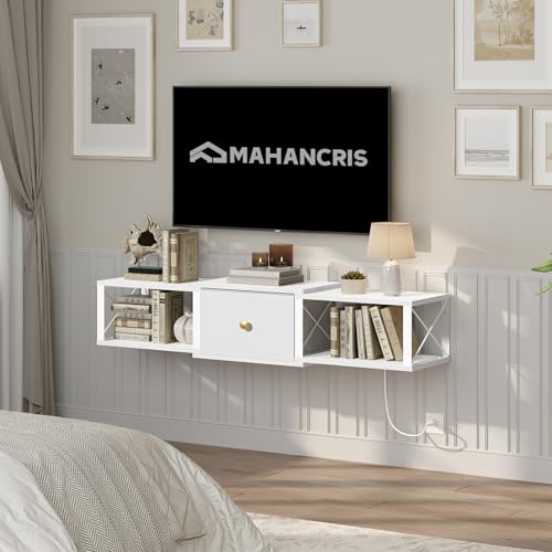 MAHANCRIS Floating TV Stand with Power Outlet, Wall-Mounted TV Stand with Drawer, Floating Entertainment Center Media Console Shelf for Under TV Storage, Living Room, Bedroom, White TVWT201E01