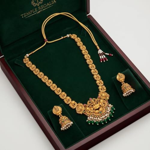 Image of South Indian Traditional Antique Matte Gold Finish Goddess Lakshmi & Peacock Motif Long Necklace Set with Jhumka Earrings for Women | Ethnic Temple Jewellery for Weddings, Brides & Festivals