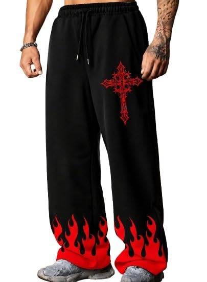 Men's Black Relaxed Fit Trousers with Red Cross and Flame Print - Trendy Streetwear Joggers (in, Alpha, XXL)-picture-37