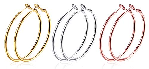 RLD Big Hoop Earrings, 18K Gold Plated Rose Gold Plated Stainless Steel Rounded Hoops Earrings in Gift Box, Hypoallergenic, Top Click Closure Hoop Earrings for Women/Girls, 55 mm