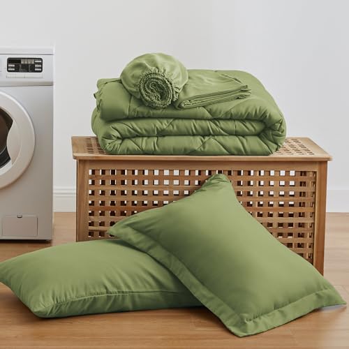 Love's cabin Twin Comforter Set Olive Green, 5 Pieces Twin Bed in a Bag, All Season Bedding Sets with 1 Comforter, 1 Flat Sheet, 1 Fitted Sheet, 1 Pillowcase and 1 Pillow Sham by Love's cabin - Used condition - Image 6