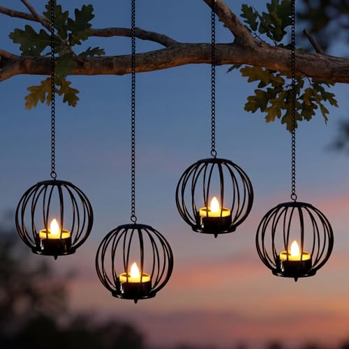 Edenseelake Solar Hanging Lanterns Outdoor Waterproof Metal Ball Candle Holder with Flickering Solar Powered Chargeable Solar Lights for Backyard Patio Garden Fence Tree Decoration 4 Pack