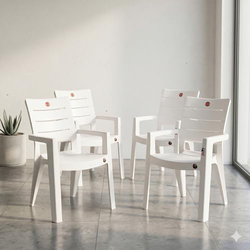 Image of Cello Jordan Polypropylene Plastic Arm Chair | Modern Multipurpose Seating for Home, Office, Garden & Balcony | Ergonomic Indoor & Outdoor Furniture | White | Set of 4 Piece