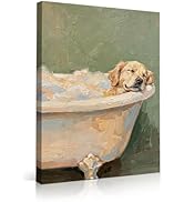 Funny Dog Bathroom Canvas Wall Art Golden Retriever Sleeping in Bathtub Wall Decor Cozy Dog Spa P...