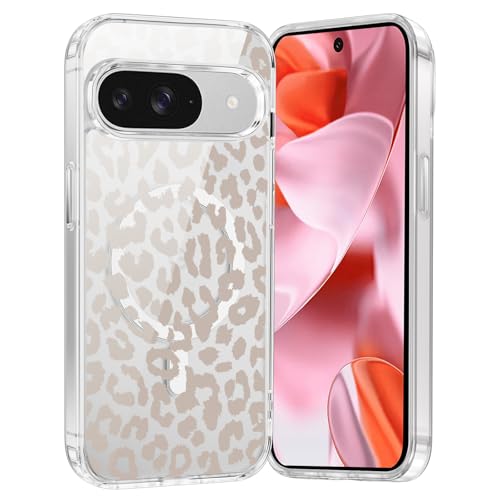 Saqmkil Coque Magnétique pour Google Pixel 9 5G 6,3",Compatible avec MagSafe, Transparente Fille Etui avec Aesthetic Motif Léopard Dessin, Souple Silicone TPU Case Antichoc Protection Housse Cover, 02