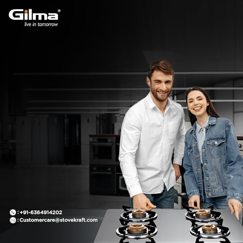 Image of Gilma Rio 4 Burner Gas Stove | Jumbo Brass Burner | 6mm Toughened Glass Top | Powder Coated Body | Vitreous Enamel Pan Supports | Gloss Black | Manual Ignition | 2 Years Warranty By Gilma