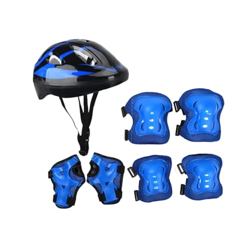 Qraatosi Bike Helmet Kids Bicycle Helmet with Knee Elbow Wrist Pad Set Lightweight Shockproof Impact Resistance Comfortable Hollow Design Suitable for Outdoor, Blue