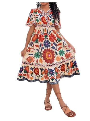 Girl's Cute Floral Midi Dress Boho Ruffle V Neck Short Sleeve Flowy Dresses Summer Vacation Beach Outfits
