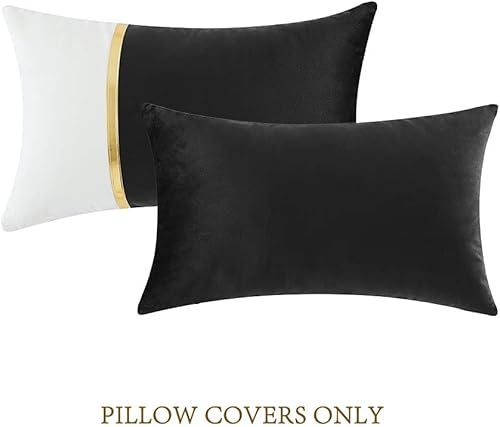 Miniatura 8 de Fancy Homi 2 paquetes de fundas de almohada decorativas de 12 x 20 pulgadas para sofá cama de sala, retazos de terciopelo morado y blanco con cuero