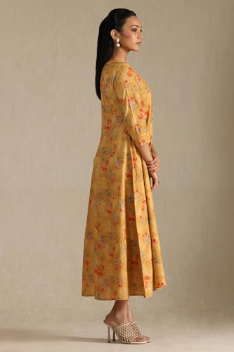 Image of Soch Womens Mustard Cotton Flex Floral Print Dress with Sequins
