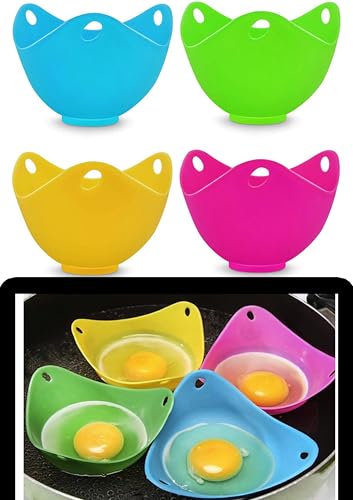 Silicone Egg Poacher Eco-friendly Cups - Set of 4 - Ring Stand Design- Microwave Safe -Multi-Color - BPA Free