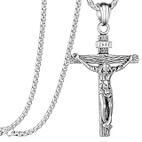 AEKZOX Collar de Acero Inoxidable para Hombre con Colgante de Cruz de Jesús y Cadena Veneciana, Regalo de Joyería Religiosa (Plata)