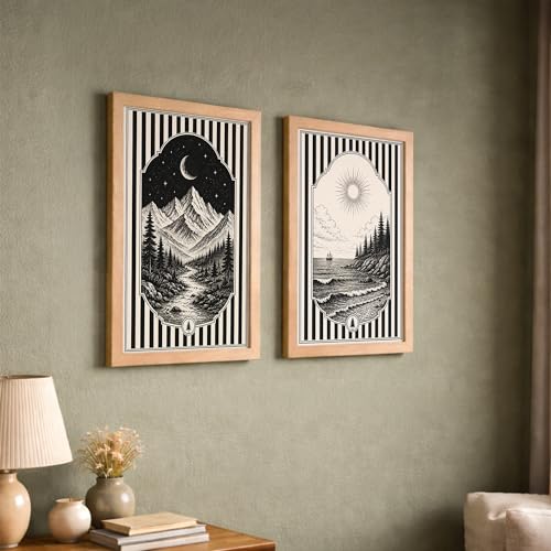 Image of NoWorries Framed Black and White Wall Art Set of 2, Vintage Mountain Moon and Coastal Ocean Landscape Prints, Boho Nature Decor, Scandinavian Minimalist Artwork for Bedroom, Hallway and Office (Art-17, 10x13inch)