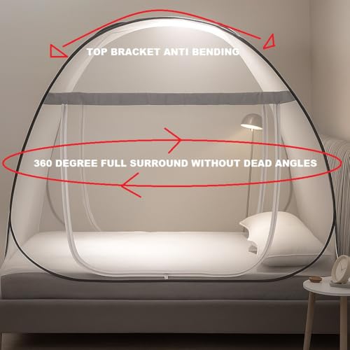 Image of VERDIOZ WITH DEVICE Double Bed Mosquito Net Machardani, King Size Mosquito Net Adult | Kids | Baby | Corrosion Free Steel Wire, 30 GSM Bright White Net with Saviour Kit -(White Zipper, Grey Border)