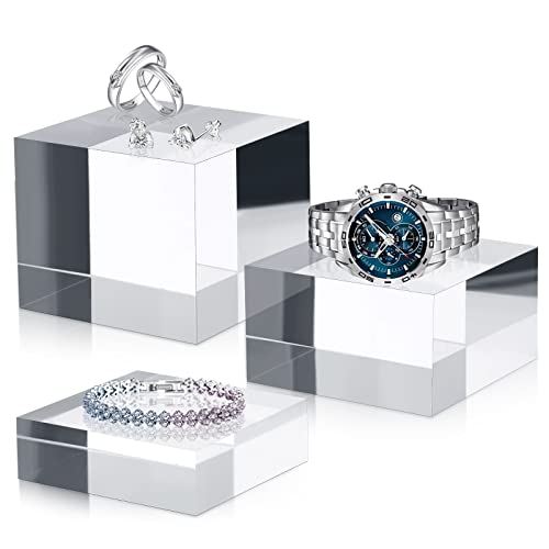 Geelin 3 Pcs Acrylic Square Display Block Clear Polished Acrylic Cube Solid Display Risers Stands for Display Pedestal Stand for Jewelry Perfume Collection, 3 Size