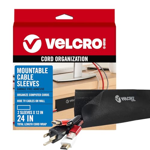 VELCRO Brand VEL-30797-USA Mountable Cable Sleeve | Cord Management Mounts on Walls, Desk or Entertainment Center | Removable Adhesive is Damage Free | 12in Black, 2pk, 12in-2Pk