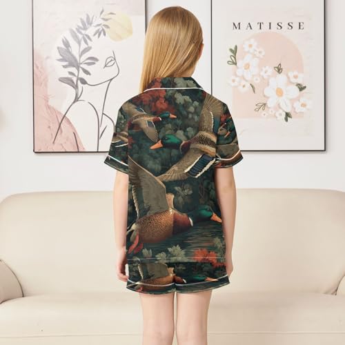 Satin Pajama Sets Short Sleeve Flying Ducks Fall Leaves Button Down Silky Nightwear 2 Piece PJS 5-14Y4