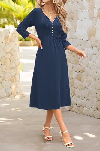 Soesdemo Long Sleeve Dress for Women Casual V Neck Pleated Button Down 3/4 Sleeves Knee Length Midi Dresses with Pockets4