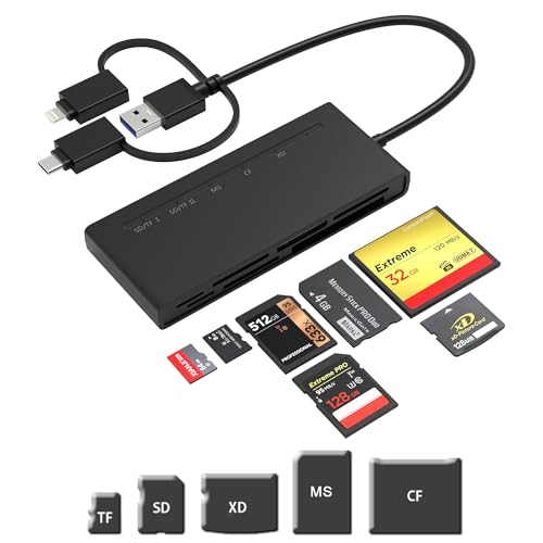 Memory Stick Pro Duo Adapter USB C/USB 3.0/Lightning Triple Connector Simultaneously Read SD CF Micro SD MS XD Cards,7 in 3 Multi Memory Card Reader USB C Lightning OTG Adapter for iPhone,PC,Android
