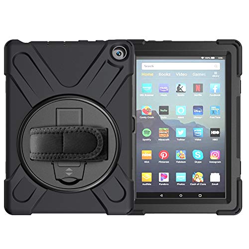 Amazon Fire HD 8 2020 / Amazon Fire HD 8 Plus 2020 ケース シリコン 360度 回転 ハンドホルダー ストラップ スタンド キッズ 耐衝撃 防塵 丈夫 頑丈 片手 耐久 落下防止 ハード Amazon Fi