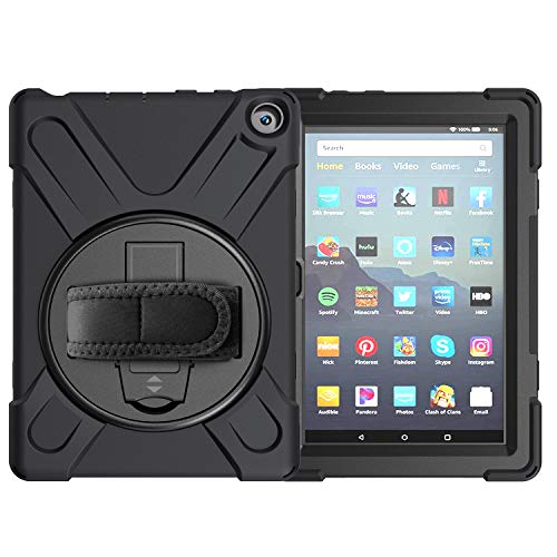 QANG Protective Case for Amazon Fire HD 8 2020 / Amazon Fire HD 8 Plus 2020 Shockproof with 360 Degree Rotating Kickstand Hand Strap for Amazon Fire HD 8 2020 (Black)