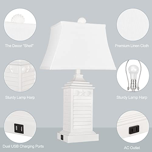 Table Lamps for Living Room Set of 2, Coastal White Bedside Lamps for Bedroom with USB A+C Outlet Modern Resin 3-Color Temperature Nightstand Lamp for End Table (Bulbs Included) - Image 6