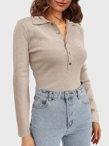 Camisetas de manga larga para mujer ajustadas básicas de punto elástico con cuello polo de botones 2