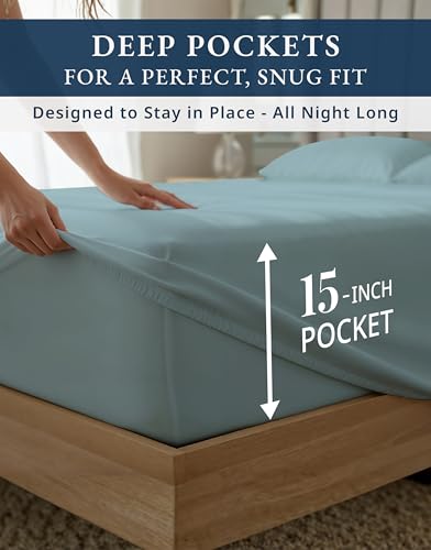 Image of LANE LINEN California King Split Sheets for Adjustable Bed - French Blue | Split King Top Split Sheets Adjustable Bed - 5-Piece Set, 16 inch Deep-Pocket Snug Fit, 1000 Thread Count, Luxe Sheen