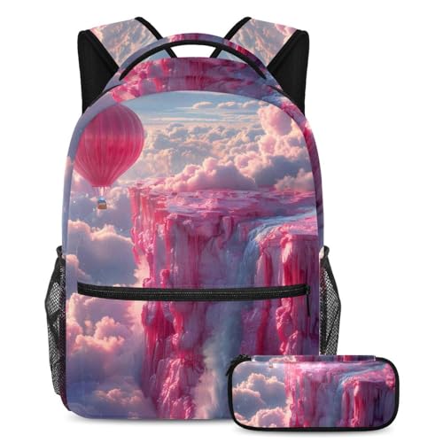 Cartables de grande capacité multicolores pour fille avec trousse motif montgolfière