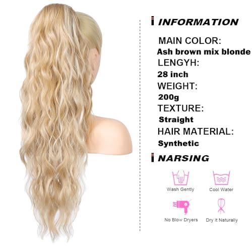 PORSMEER 30inch Long Curly Drawstring Ponytail Extension Natural Wavy Curly Synthetic Hairpiece for Women Daily Use Easy to Wear,Blonde with White Blonde Highlights - Image 2