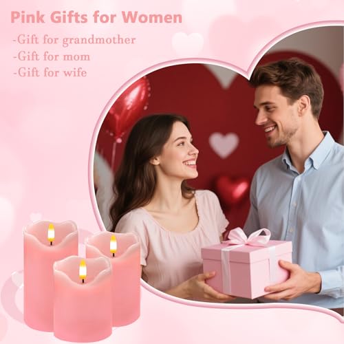 Image of VEEKI Flameless Candles Light, Set of 3 Flickering LED Candle with Remote & Timer, Dimmable Electric Pillar Candles Battery Operated, Pink Candles for Valentine's Day Xmas Home Decor (3PC)