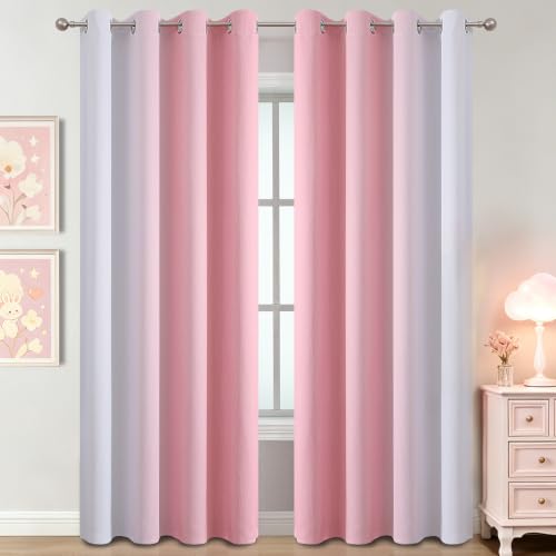 Image of Estelar Textiler Pink and Greyish White Ombre Blackout Curtains 96 Inch Long for Kids Bedroom, Room Darkening Thermal Insulated Grommet Gradient Window Drapes for Living Room /Nursery, 52Wx96L,2 Panels
