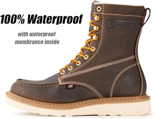 SUREWAY Mens 8 in Wedge Moc Soft/Steel Toe Work Boots for Men,Full-Grain Leather,Goodyear Welt,EH,Safety Industrial Construction Boots/Shoes for Women,Waterproof Steel Toe BROWN,Size 142