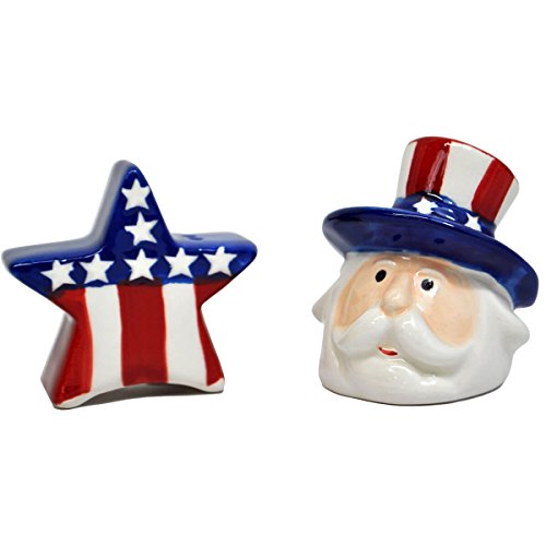 Red White Blue Patriotic Star and Uncle Sam Ceramic Salt and Pepper Shaker Set