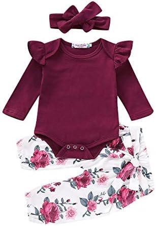 FOCUSNORM3PCS Infant Toddler Baby Girl Clothes Ruffle Romper Bodysuit Floral Halen Pants Headband Outfits