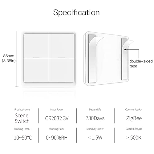 Moes Wireless Smart Scene Switch Button, Require Moes Hub, Zigbee Connection Tuya Battery Powered Included 12 Scene Controller Light Switch For Smart Home Automation 4 Gang White #TOP5