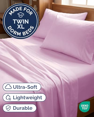 Image of Twin XL 4 Piece Sheet Set - College Dorm Room Essentials - Light Pink | Ultra Soft Dorm Bedding Set, 8 inch to 16 inch Inch Deep Pockets, 1 Flat & 1 Fitted Sheet & 2 Pillowcases, Wrinkle & Fade Free