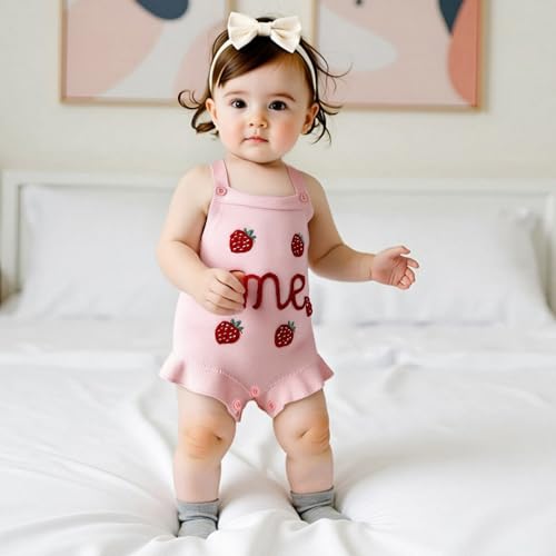 Baby Girl Birthday Outfit Knit Bubble Romper One Year Old Strawberry Embroidery Ruffle Sleeveless Bodysuit Clothes2