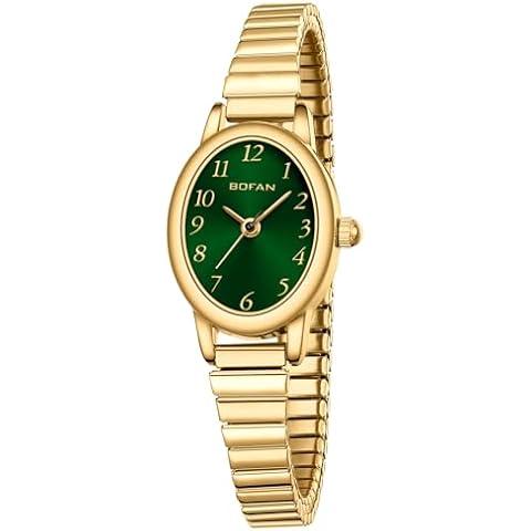 BOFAN Small Gold Watches for Women Easy Read Ladies Quartz Wrist Watch with Stainless Steel Expansion Band,Green Dial,Waterproof.（6.10in-6.89in） Cover