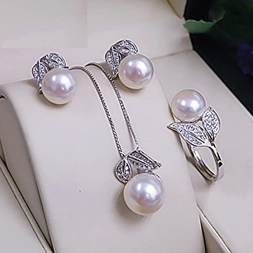 LOKILOKI Conjuntos De Joyas De Plata De Ley 925 Pendientes De Perla Natural Collar De Cadena con Colgante Bohemio Personalizado para Mujer Conjunto De Anillo