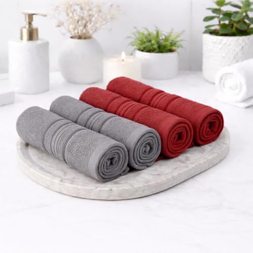 Image of Cotton Face Towel Pack of 4, 100% Cotton Towels, Soft Absorbent Small Gym Towel for Face, 400 GSM Quick Dry Bathroom & Travel Towels Men & Women, 30 x 30 cm, Grey & Maroon