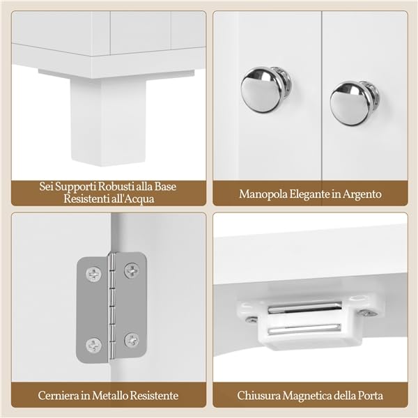 Yaheetech Mobile Sottolavabo con Ripiani Regolabili Armadio da Bagno Autoportante con Apertura a U Mobile da Bagno a Due Ante con Scaffale Laterale Aperto e Ganci (Bianco)