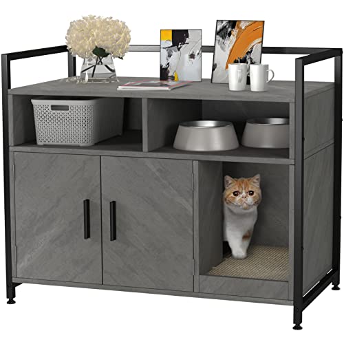Gdlf Iron & Wood Sturdy Structure Large Pet Crate Cat Washroom Hidden Cat Litter Box Enclosure Furniture As Nightstand With Cat Scratch Pad Easy Assembly (Gray) #TOP2