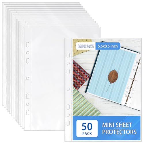 VOKOY 50 Pack 5.5x8.5 Inch Sheet Protectors for 3 or 6 Ring A5 Binder Half Letter Size 7 Holes Mini Heavy-Duty Sheet Protector Sleeves Crystal Clear Playbill Binder Pockets