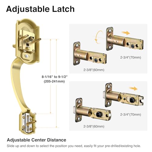 Image of Front Door Lock Set, Gold Front Door Handle and Deadbolt Set, Vintage Exterior Door Lock Set, Front Door Handle with Single Cylinder, Reversible for Right & Left, Satin Brass