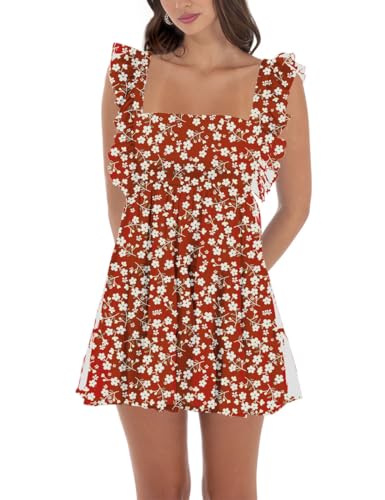Image of Women's Summer Square Neck Tie Back Ruffle Sleeve Tiered Casual A-Line Short Mini Dress