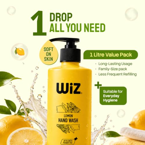 Image of Wiz Lemon Hand Wash 1 Litre Pump Bottle (Pack of 3)| Refreshing Lemon Fragrance Liquid Hand Soap | Moisturizing Daily Hand Cleanser for Kitchen & Bathroom | Improved Hygiene Formula