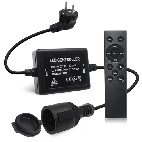 Wisada Regulador de intensidad de tira LED de 750 W, interruptor plug-in de 230 V, regulador de intensidad con mando a distancia de 12 teclas, interruptor de tiempo, regulador de intensidad para todas
